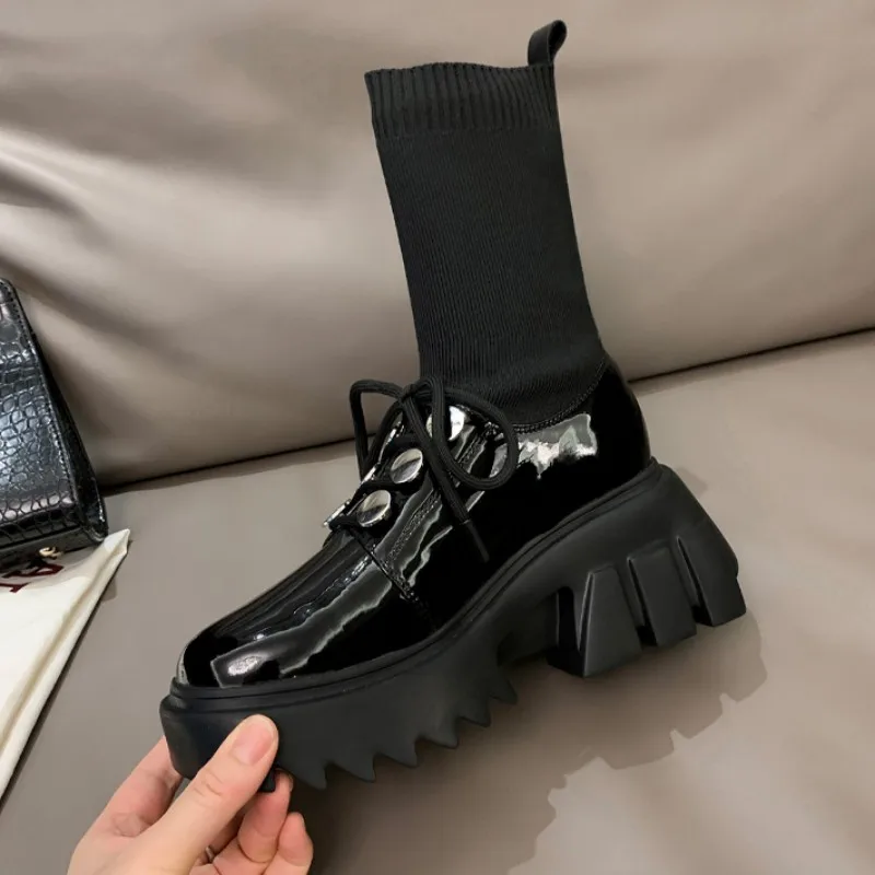 

Ladies Motorcycle Boots Casual Stretch Fabric Socks Boots Fashion Cross-Tied Women Genuine Leather Shoes Gothic Platform Boots