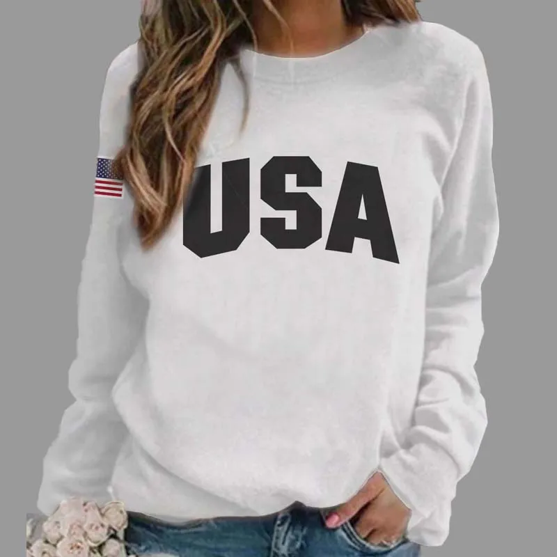 USA Letter Flag Print Ladies Sportswear Pullover Loose Spring Autumn Clothes Sweatshirt For Women Fashion Trend Tops Tracksuits