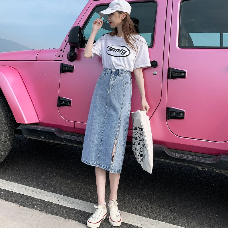 

2021 New High Waist Mid-Length Denim Skirt Female A-Type Versatile Design Sense Niche One-Step Skirt