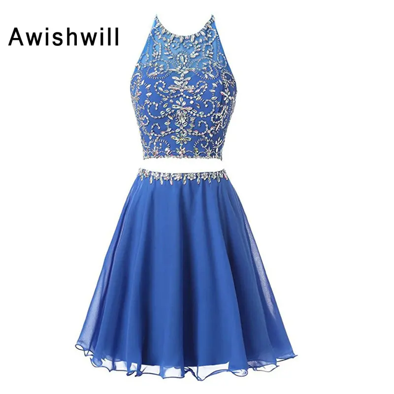 Модные синие шифоновые платья для Бала выпускников из двух частей майка обшитая