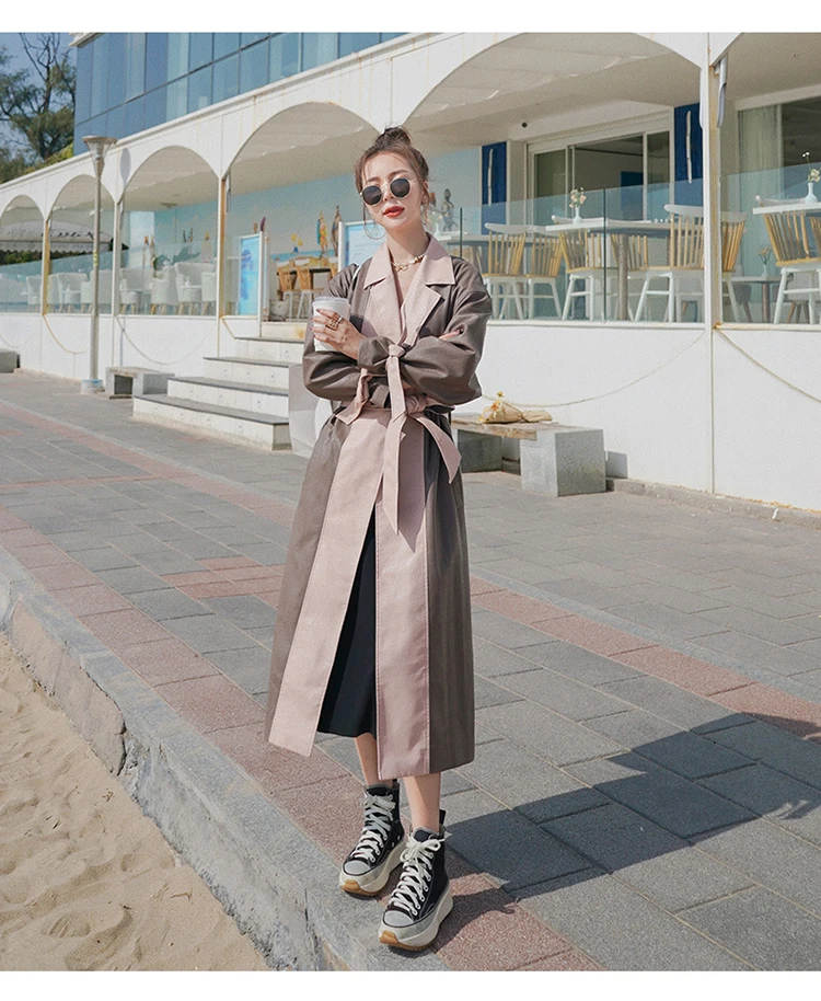 

Trench Coat Women Fashion Splice Faux Leather Windbreaker Spring Autumn Elegant Korean Plus Size Bandage Long Jacket Outerwear