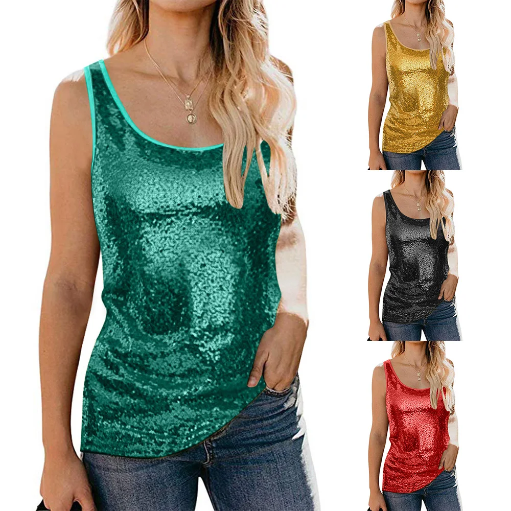 Летние блузки рубашки для женщин без рукавов с блестками женские топы на