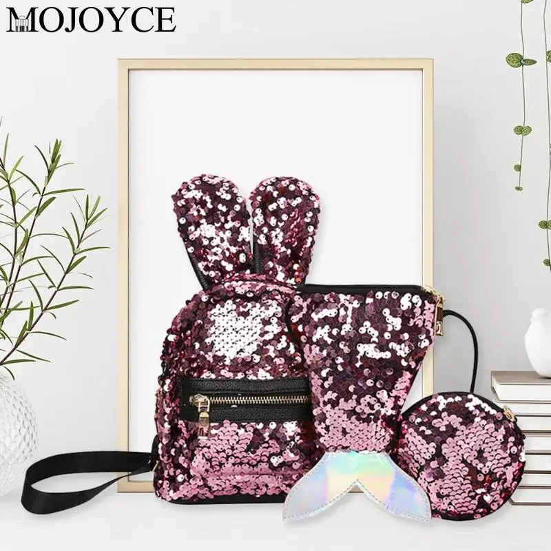New Fashion Mini Shining Sequins School Backpack Women Rabbit Ears Rucksack Cartoon Label Purse Zipper Shoulder with Small Bag