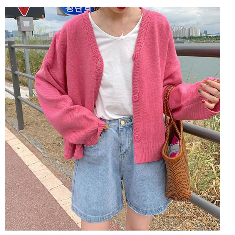 

6 colors korean style Women Autumn solid color V neck thin Cardigan Sweater coat Female Long Sleeve Outwear Knitted tops BB563
