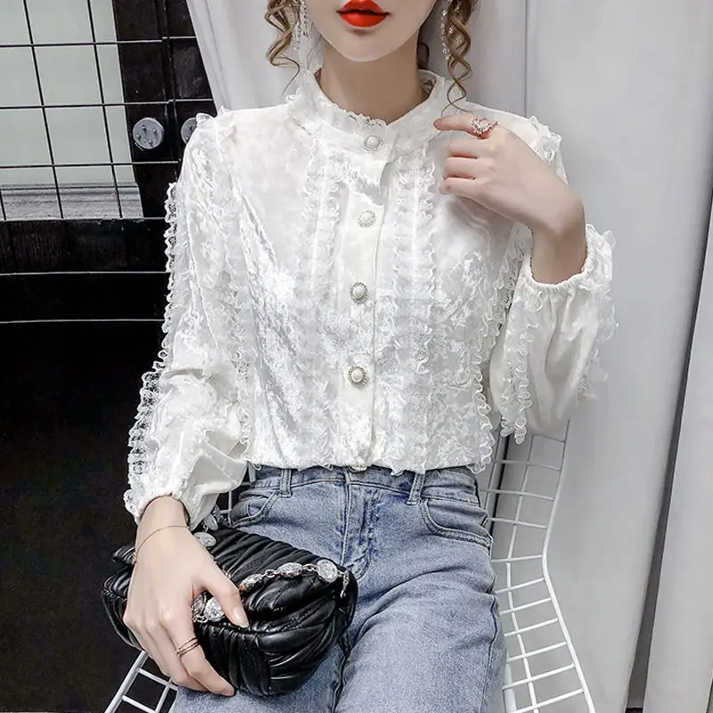 Женская бархатная блузка с длинным рукавом свободная кружевная длинными