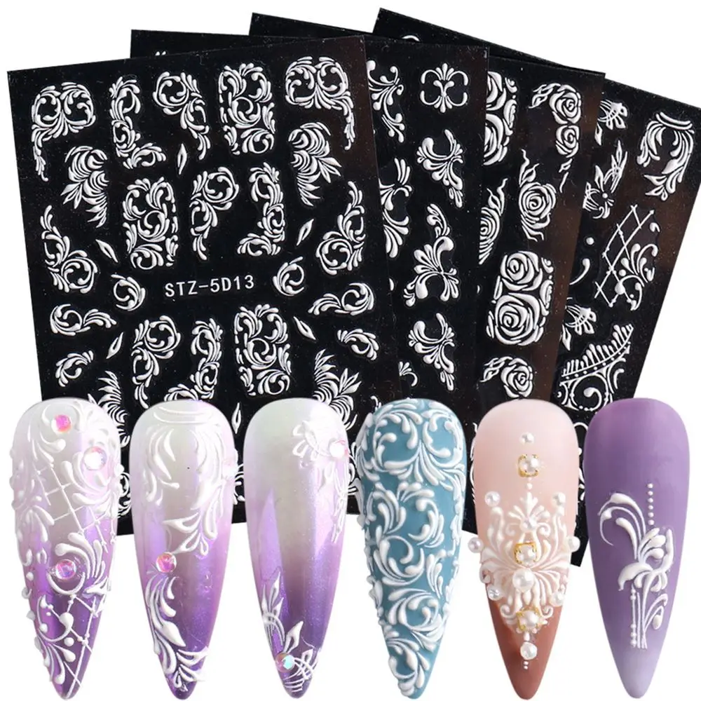 

New 5D Acrylic White Wedding Design Nail Stickers Embossed Flower Lace Adhesive Decals French Winter Sliders DIY Manicure Decor