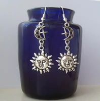 handmade celestial sun moon and star dangly silver plated earrings boho pagan