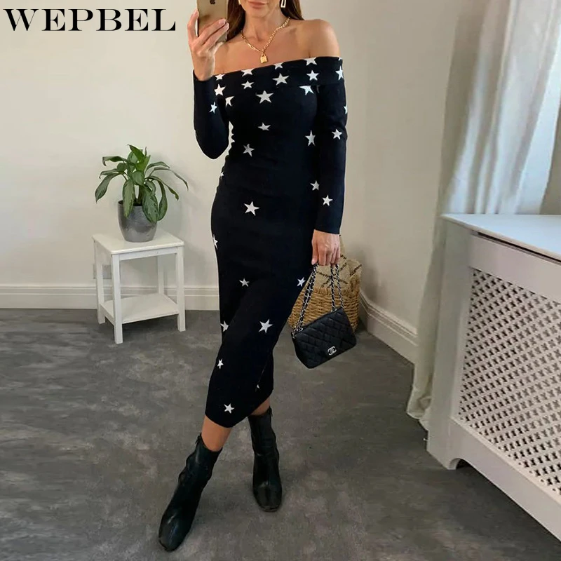 

WEPBEL Casual Long Sleeve Dress Autumn Sexy Off Shoulder Printed Slim Dress Women's Slash Neck High Waist Dress