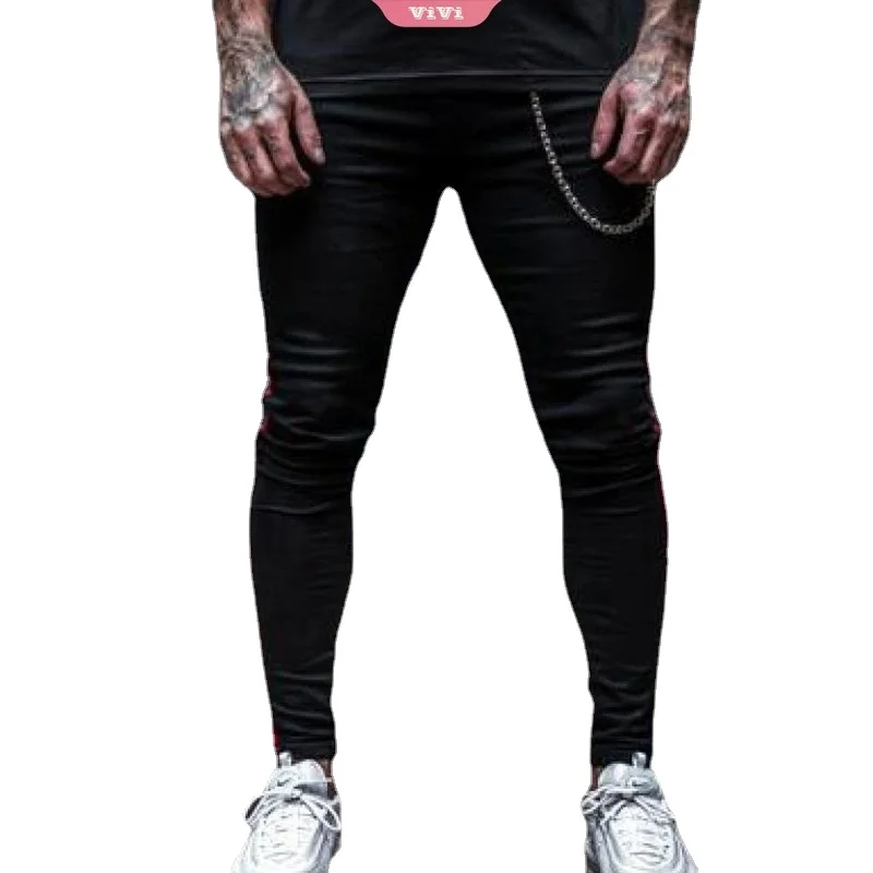 

Мужские облегающие джинсы в полоску сбоку, уличная одежда, однотонные тонкие мужские легкие хлопковые дизайнерские джинсы для мужчин