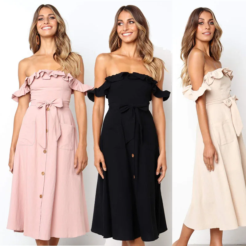 

2021 Summer Sexy Off-Shoulder Ruffled Patchwork Backless Lace-Up Pocket Dress Women Fashion Bow Maxi Dresses Femme Vestido