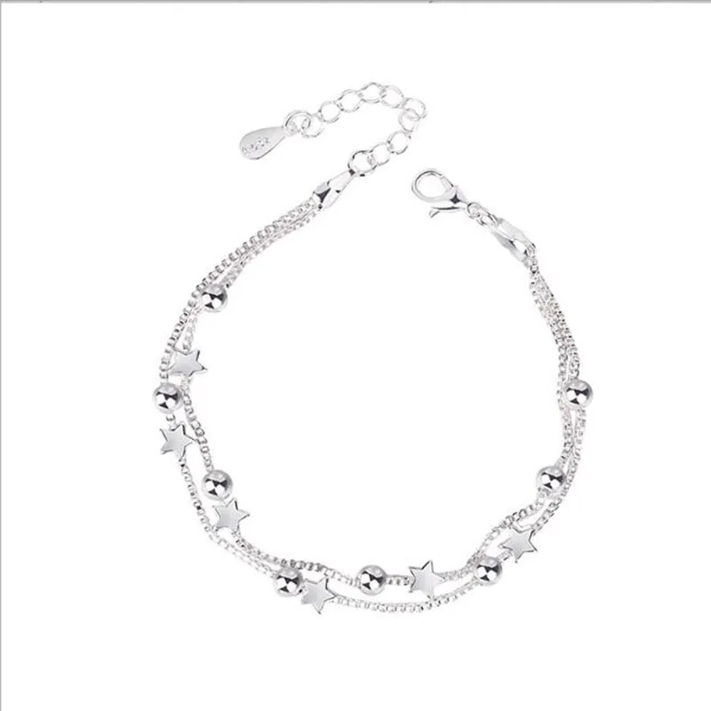 

2020 New Fashion Silver Double Layers Stars Beads Bracelets For Women Elegant Box Chain Charm Bracelet Birthday Party Gift