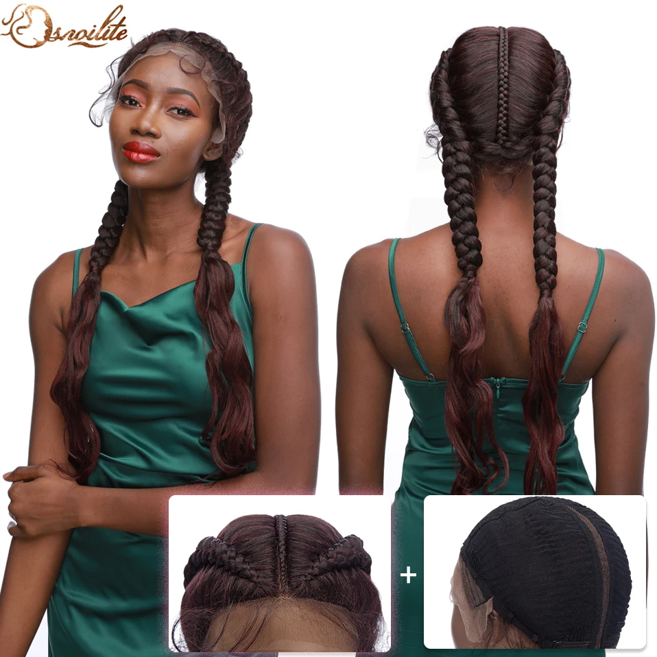 S-noilite Synthetic Dutch Braid Wavy End Hair Wig T Part Lace Wig For Women Glueless Box Braids Wig With Baby Hair