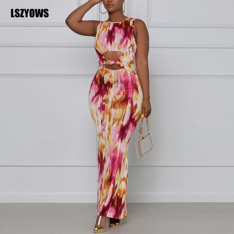 

Tie Dye Printed Casual Dress Summer Hollow Out Sleeveless Elegant Maxi Dresses Women Sexy Bodycon Club Party Long Dress Vestidos