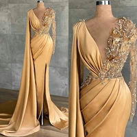 gold mermaid 2022 prom dress v neck lace appliqued long sleeve beaded black girl african formal evening gowns