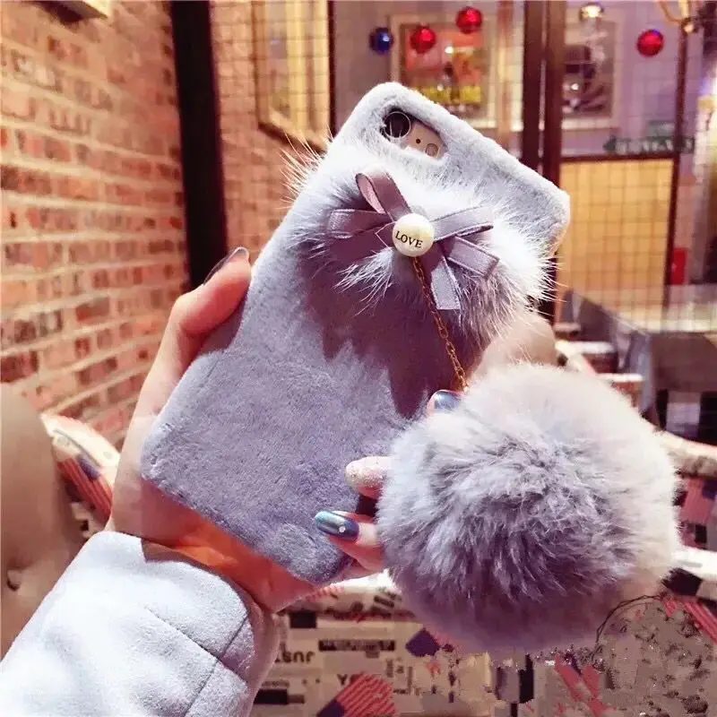 Милый плюшевый чехол для телефона LaMaDiaa DIY с бантом и помпоном из кроличьего меха