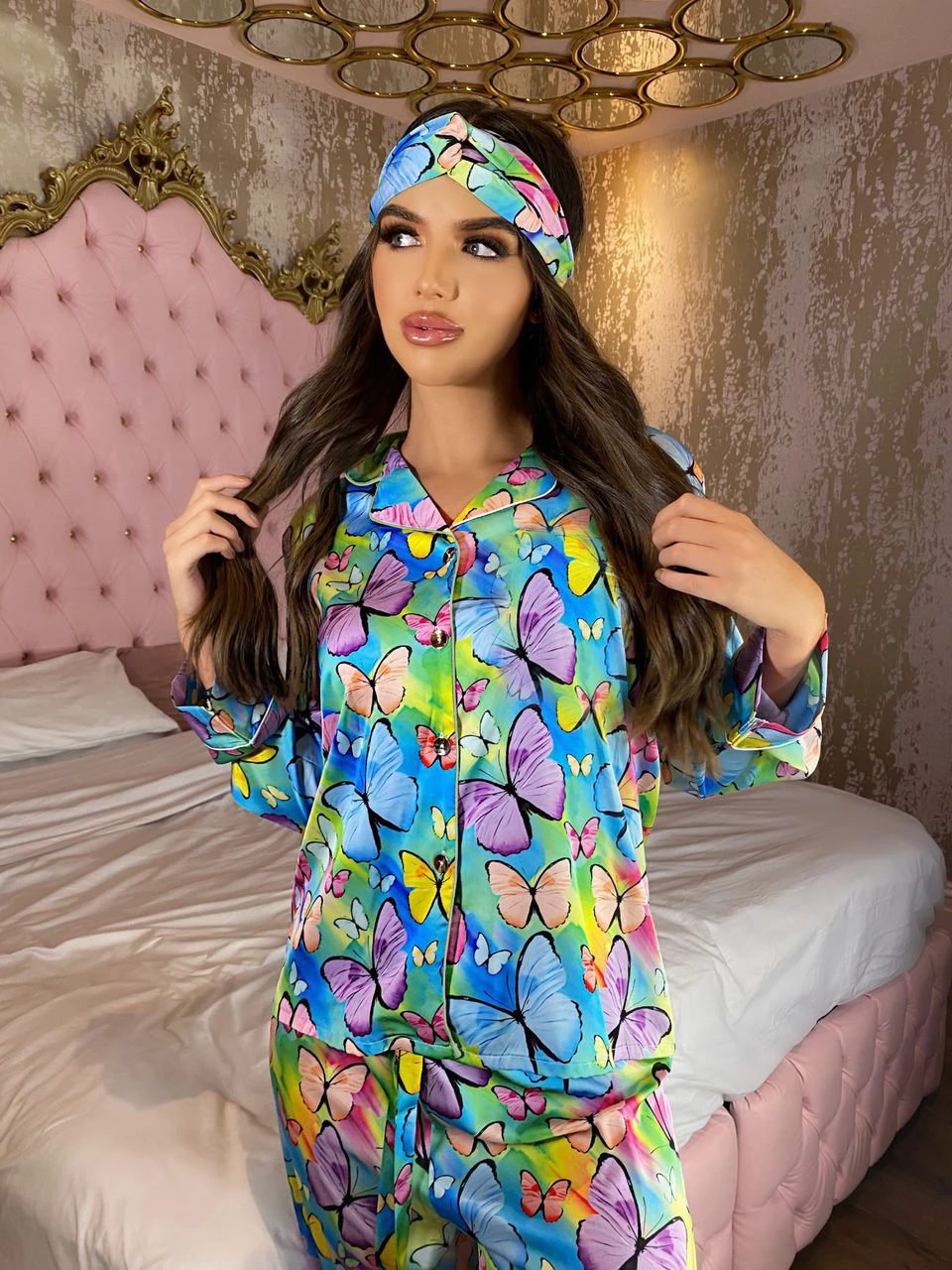 

Casual Butterfly Printing 3 Pieces Set Women's V-neck Long Sleeve Tops + Long Pants + Headband Home Wear