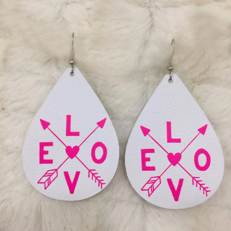 

New！Custom Sweet Love Faux Leather Glitter Teardrop Earrings Lovers Fashion Water Drop Shaped Valentine's Day Earrings Gifts