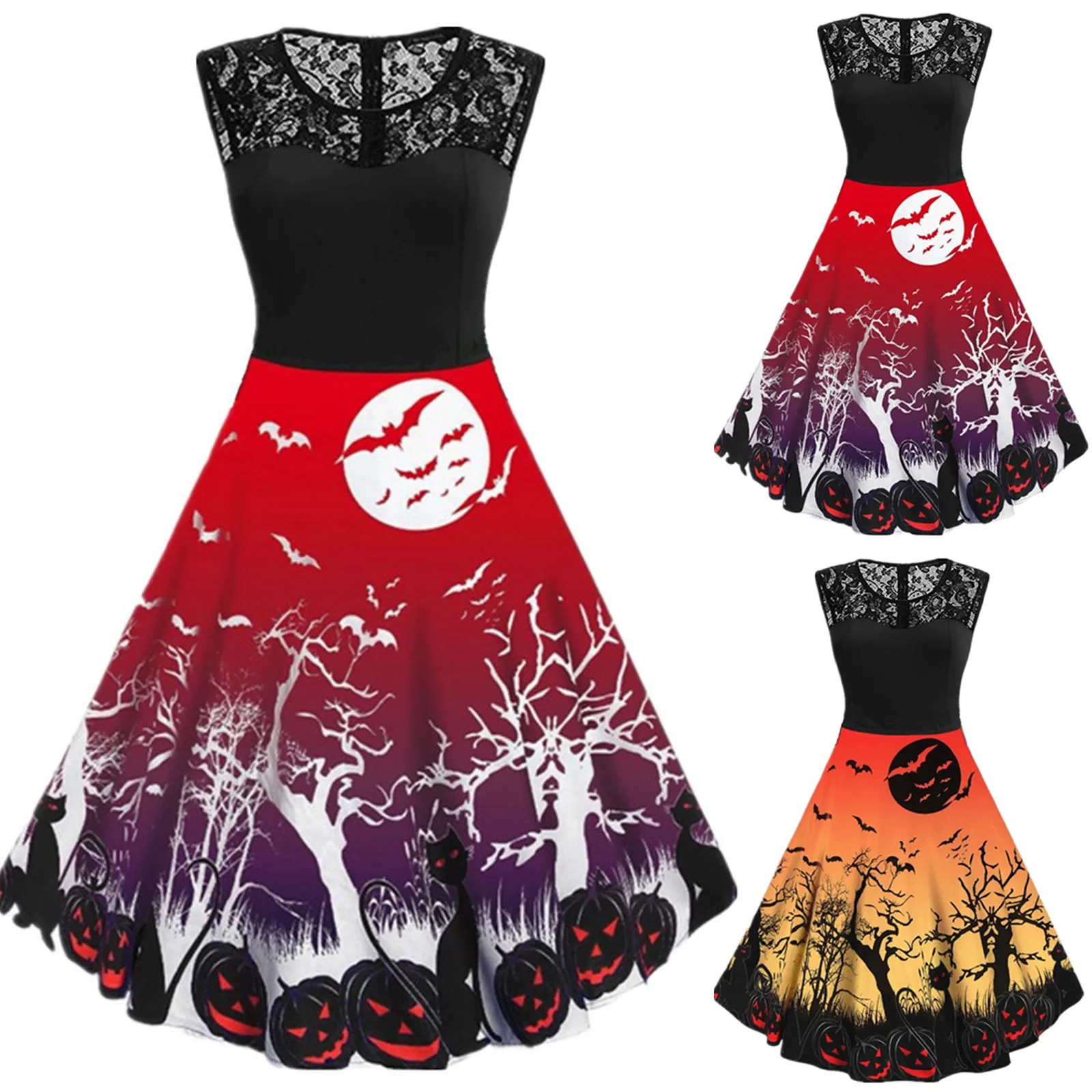 

Halloween Dresses Women Punk Style V- Neck Skull Pumkin Printed Female Shirt Dress Street Party Swing Dress Vintage Gown FFT