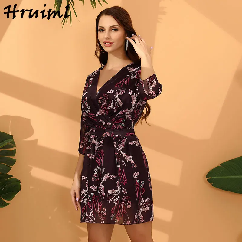 

Dresses For Girls Vintage Deep v Neck Print See Through Dress Sexy Mini Casual Party Three Quarter Bandage Female Dress Autumn