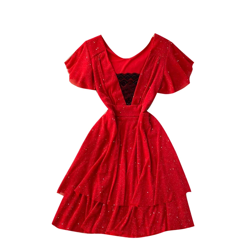 

2021 Spring Fashion Temperament New Vestidos Women's Square Collar Short Sleeve Waist Slimming Mini Dress