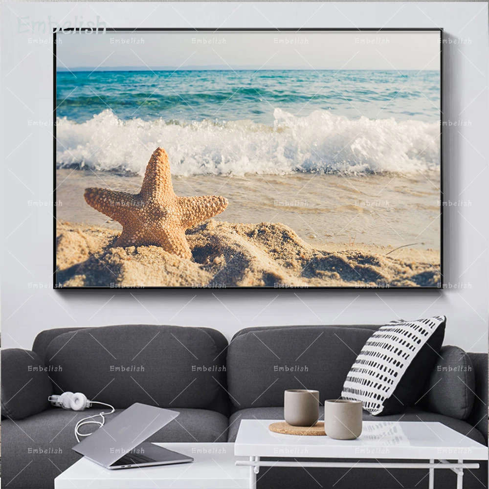 

Embelish 1 Pieces Modern Home Decor Landscape Wall Art Pictures For Living Room Starfish And Sea Wave Beach HD Canvas Paintings