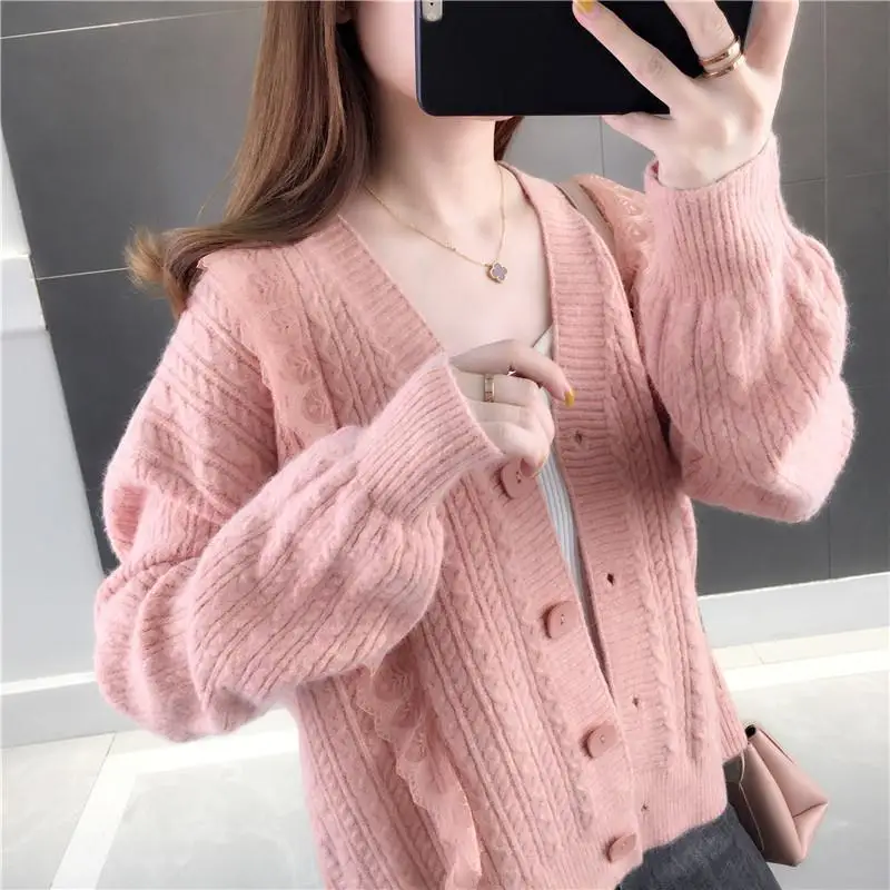 

Women 2020 Autumn Solid Color Coat Female Twist Loose Long Sleeve Knit Sweater Cardigan Tops Ladies V-neck Warm Outwear P194