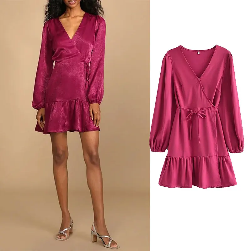 

Женское атласное мини-платье с запахом Za, винтажное повседневное вечернее платье с длинным рукавом и V-образным вырезом, осень 2021