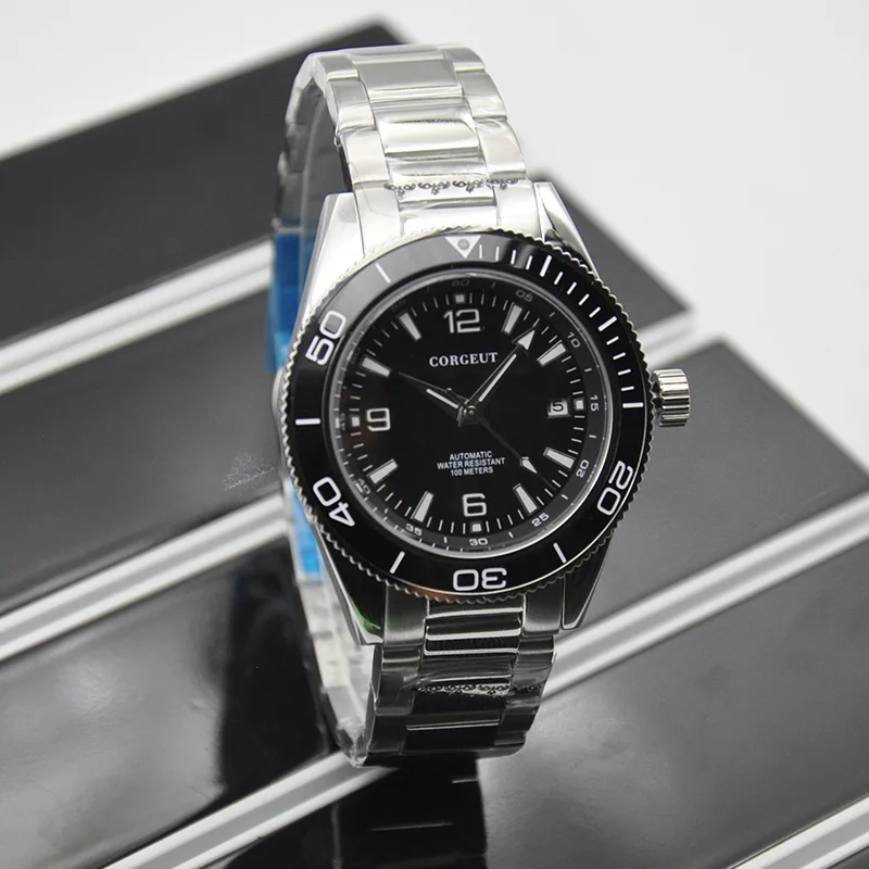 

CORGEUT Sports Men's Watch 41mm Black Dial Sapphire Stainless Steel Strap Ceramic Bezel Automatic Miyota Seagull Diver's Watch