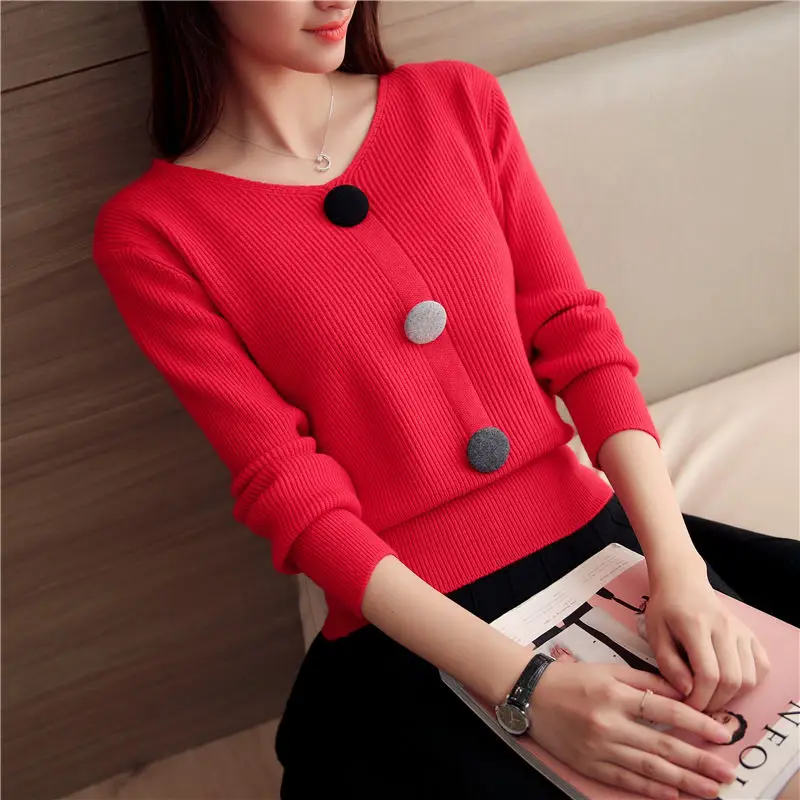 

Women 2020 Autumn Winter New Fashion V Neck Sweater Female Pullover Casual Slim Bottoming Sweaters Long Sleeve Tops Femme L598