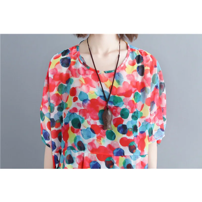 

Summer 2021 Short Sleeve Casual Long Dresses Women Elegant Large Size Color Speckle Literary Vintage Holidays Beach Ladies Dress