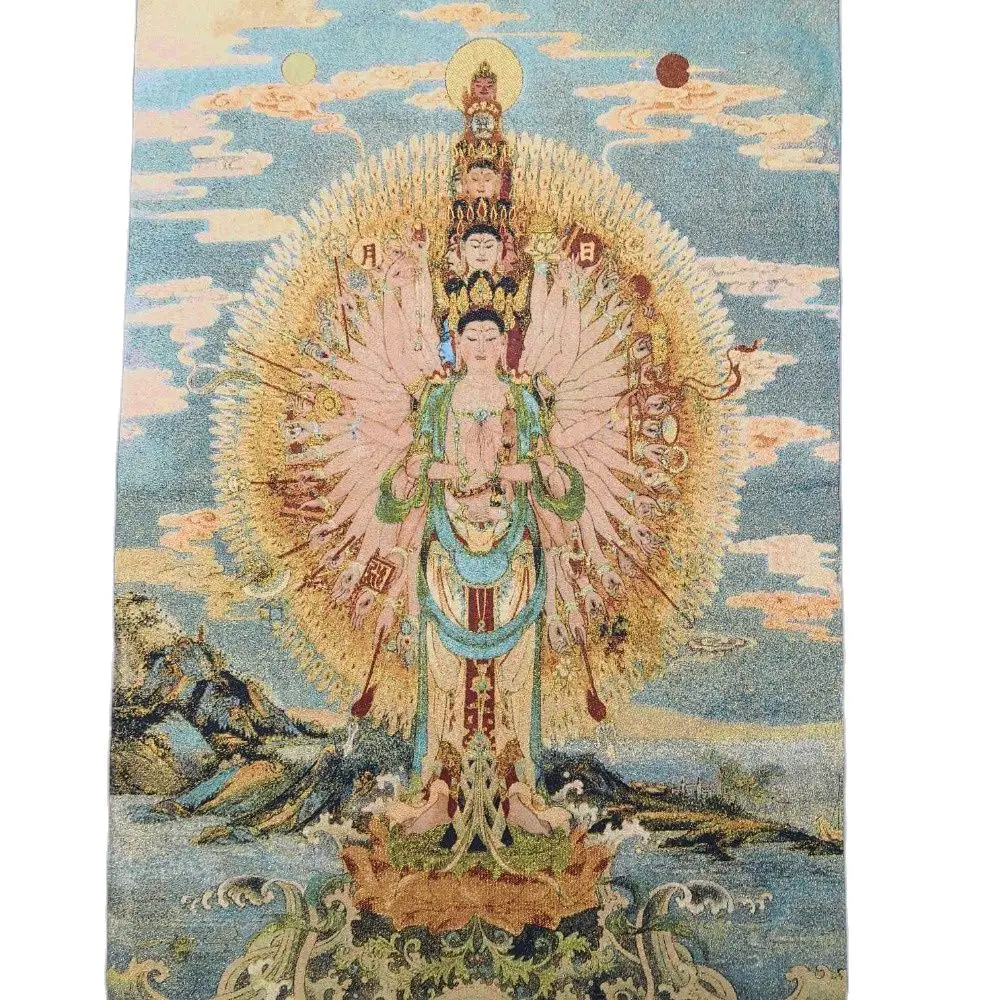 China Old Tibet Silk Thangka Like Hanging Painting Fengshui Guanyin Bodhisattva | Дом и сад