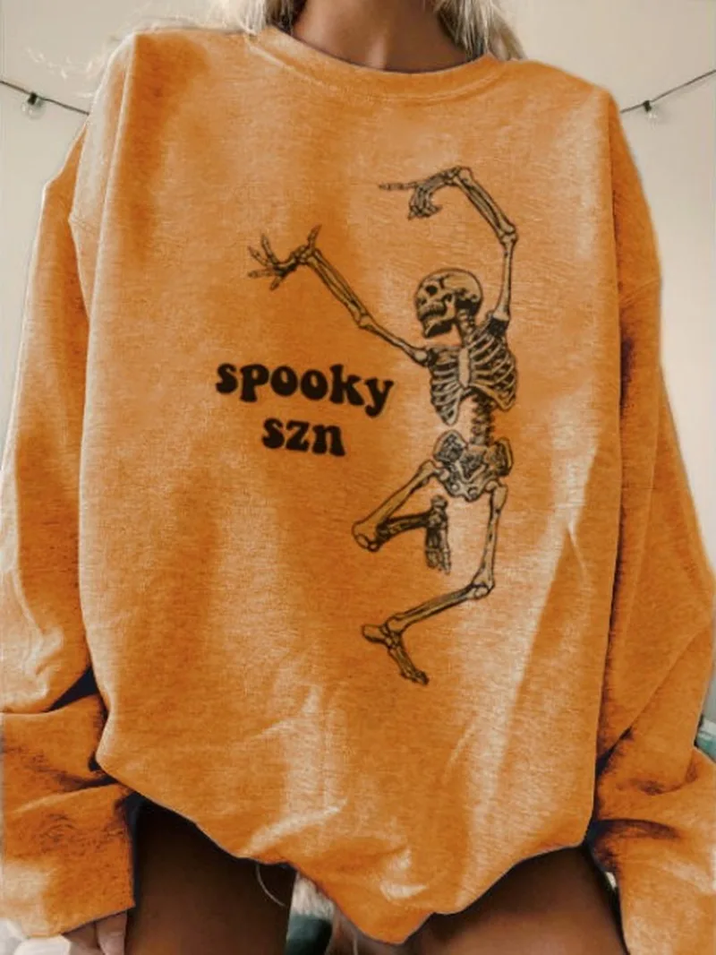 

Halloween Dance Skull Letter Printing Sweatshirt Women Oversized Crewneck Pullovers Long Sleeve Tops Fashion Teens Girls Clothes