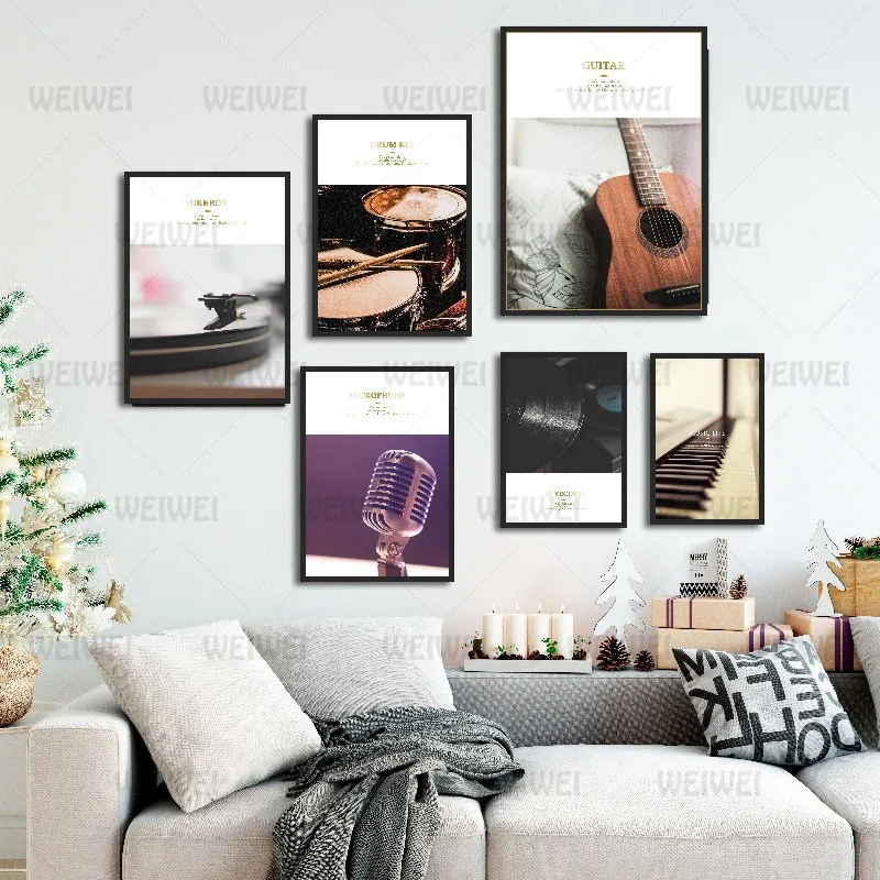 

Music Equipment Microphone Guitar Poster Wall Art Music Room Decoration Canvas Painting Modern Home Decor Still Life Pattern