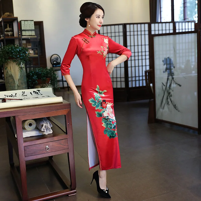 

Velvet Large-size Sexy Chinese Vintage Dress Traditional Qipao Cheongsam Elegant китайское платье Slim Daily Ципао Daily плат