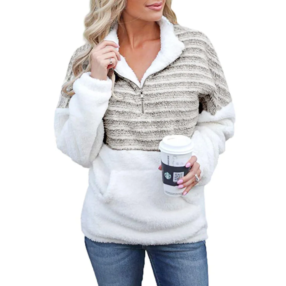 

Cross-Border Women's Clothing Amazon Fall Winter Fashion Plush New V-neck Long-Sleeve Zipper Color Warm Sweater Coat