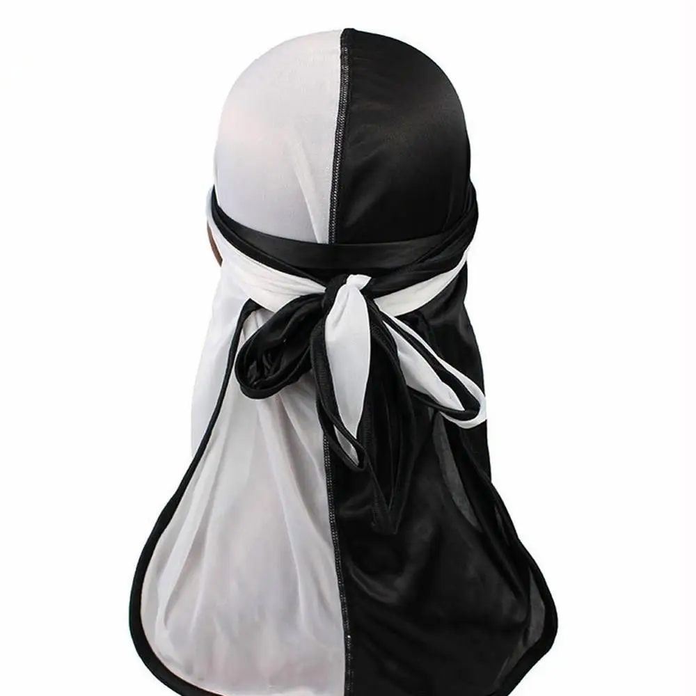 

Silky Satin Turban Unisex Long Tail Durag Bandanna Fashion Patchwork Pirate Hats Women Men Head Scarf India Hat Hair Accessories