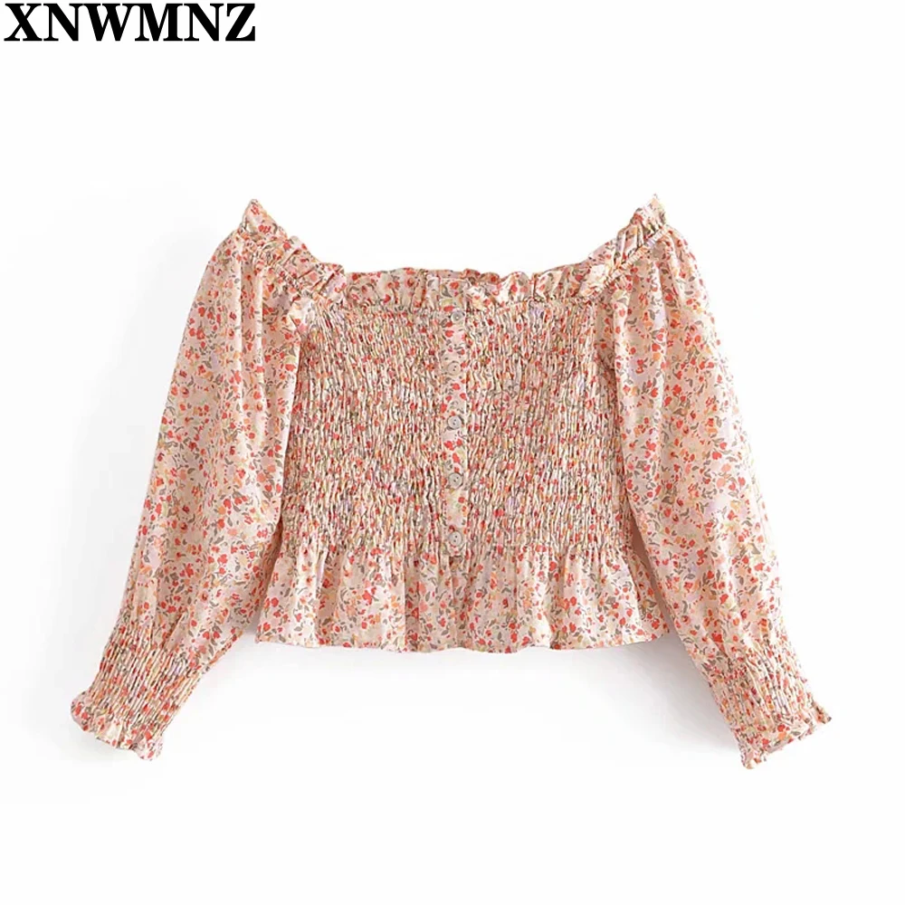 

XNWMNZ Floral Print Cropped Blouse Women Long Puff Sleeve Smocked Elastic Vintage Summer Shirt Female Chic Ruffle Button Tops