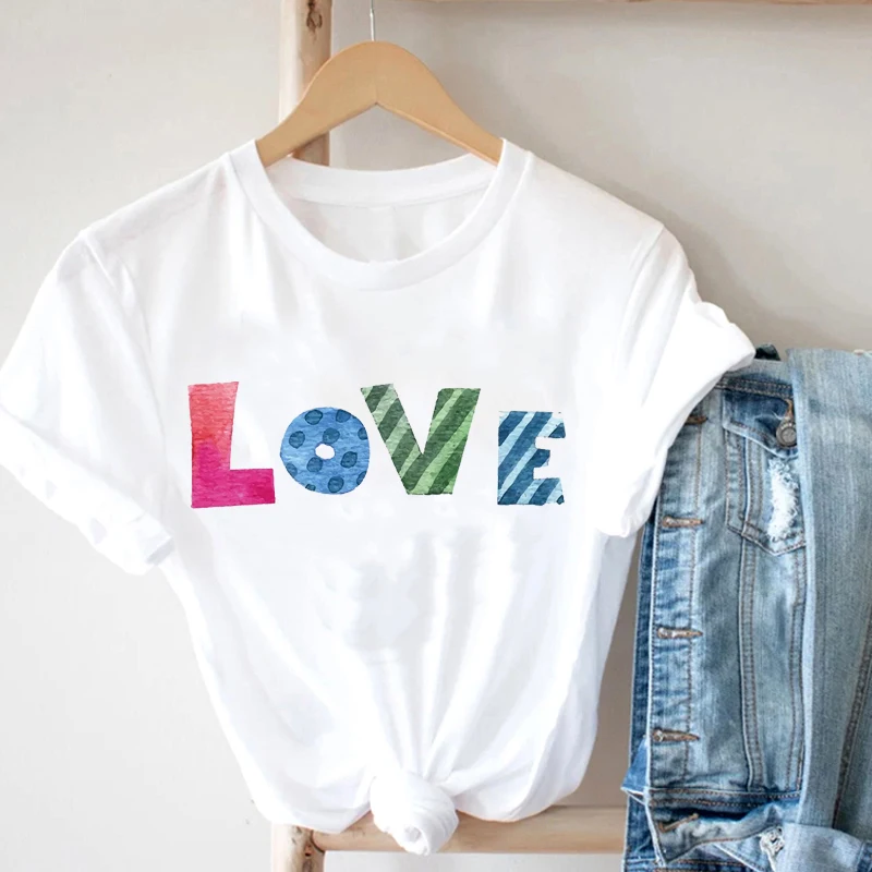 

Harajuku Women's T-Shirt 2021 Fashion Summer Clothes For Women Women Shirts Stripe-Shaped Love Alphabet Printing T-Shirts