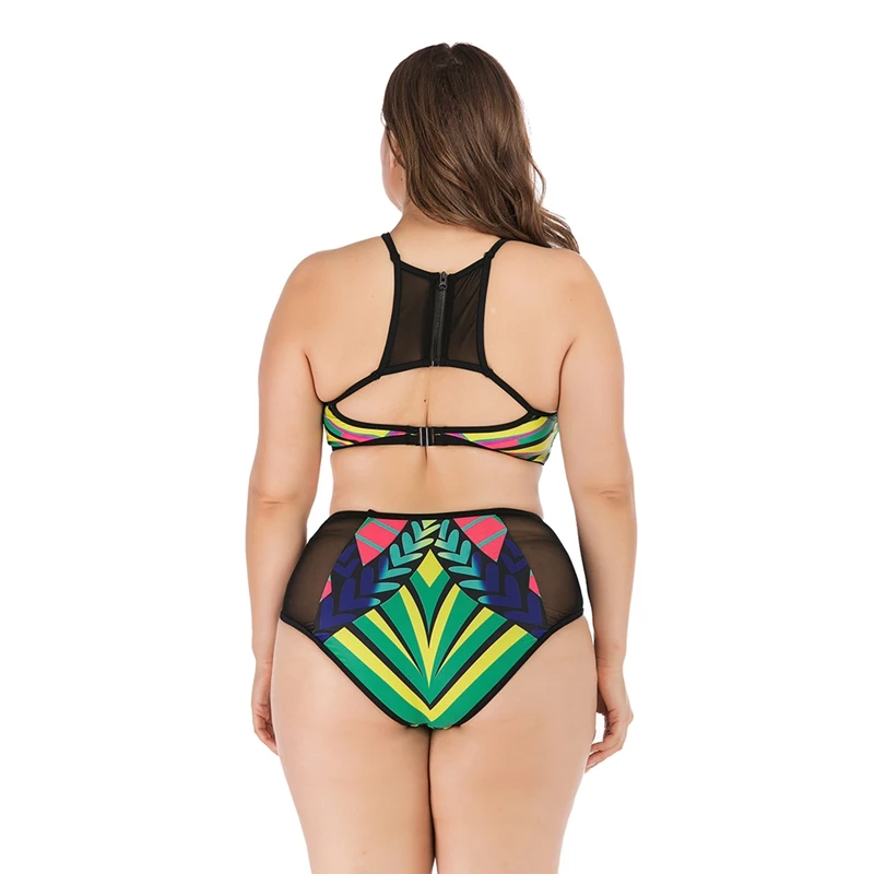 Женское танкини Лоскутная молния сзади застежка Высокая талия Быстросохнущий