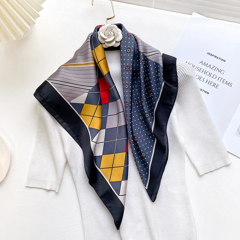 

2021 Summer Hair Band Scarf Women Design Plaid Print Silk Feeling 70cm Square Foulard Female Office Neckerchief Lady Bandana