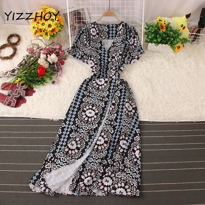

YIZZHOY New Summer Women Casual V-neck High Waist A-line Medium Long Dress Female Vintage Print Short Sleeve Lace-up Dresses