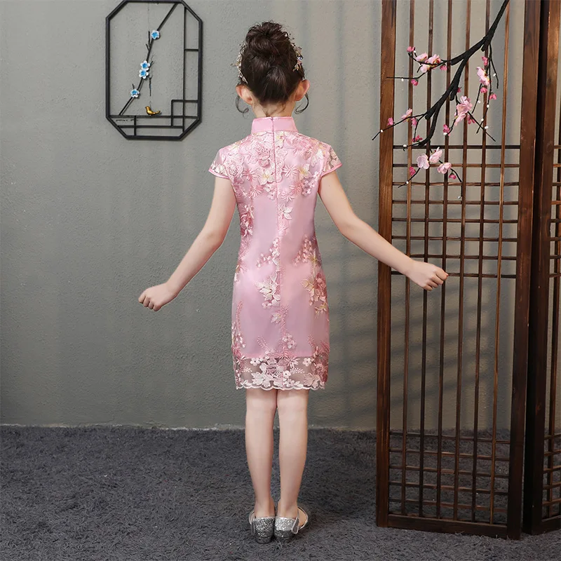 Китайское qipao детское летнее кружевное платье Ципао принцессы с цветочной