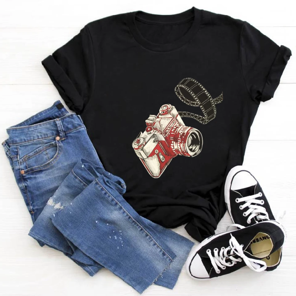 Футболка женская с принтом камеры модный брендовый топ коротким рукавом