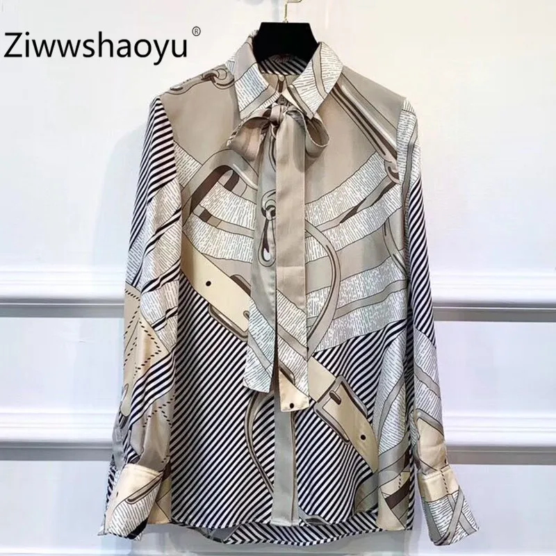 Ziwwshaoyu/ Шелковая винтажная блузка с принтом в виде цепочки, женская блузка с длинным рукавом и бантом, воротник, элегантные офисные женские майки и футболки