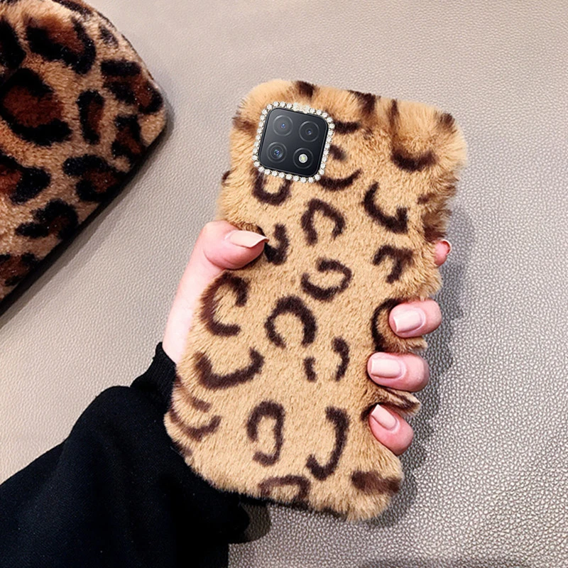 

Fashion Keep warm Leopard Plush Shiny diamond Soft TPU shockproof Back Cover For Realme X50 A72 A73 5G A53 A53s Case 6.57 inch
