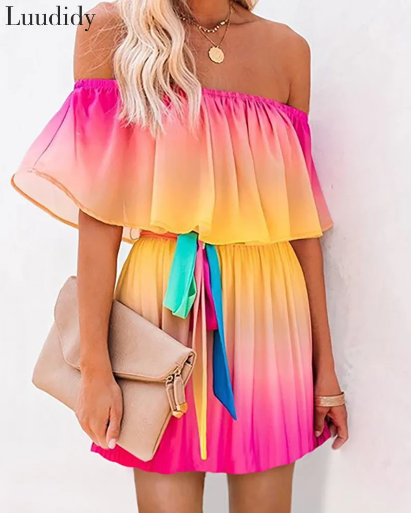 

Women Gradient Color Tie Dye Off Shoulder Ruffles Dress Mini Dress Elegant Fashion Chic Dress