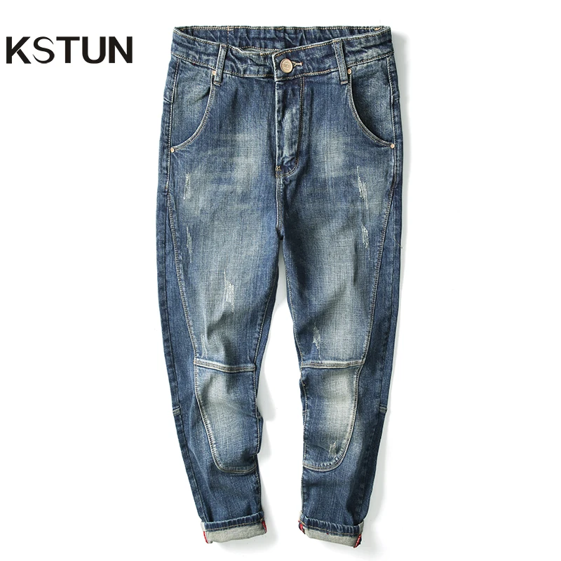 Jeans Men Retro Blue Elastic Hip hop Streetwear Loose fit Harem Pants Patched Casual Denim Men Jeans Trousers Cowboys Size 40 42