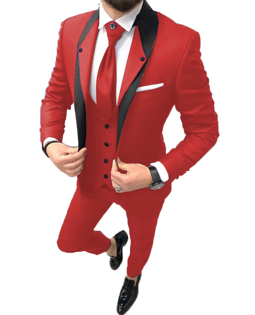 3 Pieces Men's Suit Casual Blazer Prom Red Tuxedos Tweed Shawl Lapel Dinner Green Jacket For Wedding Grooms(Jacket+Vest+Pants)