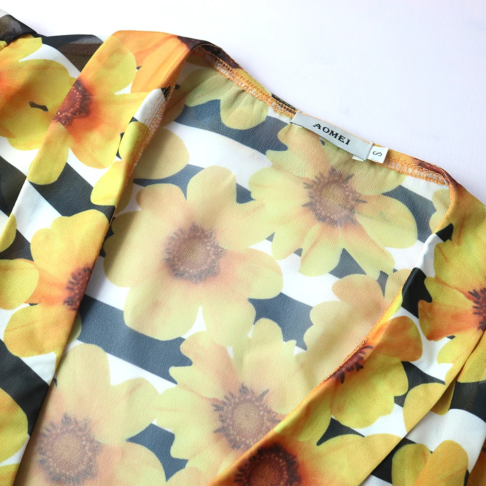 

Women Blouse Tops Shirts Printed Floral See Through Peplum Sexy V Neck Long Lantern Sleeves Yellow Autumn New Fashion Lady Bluas