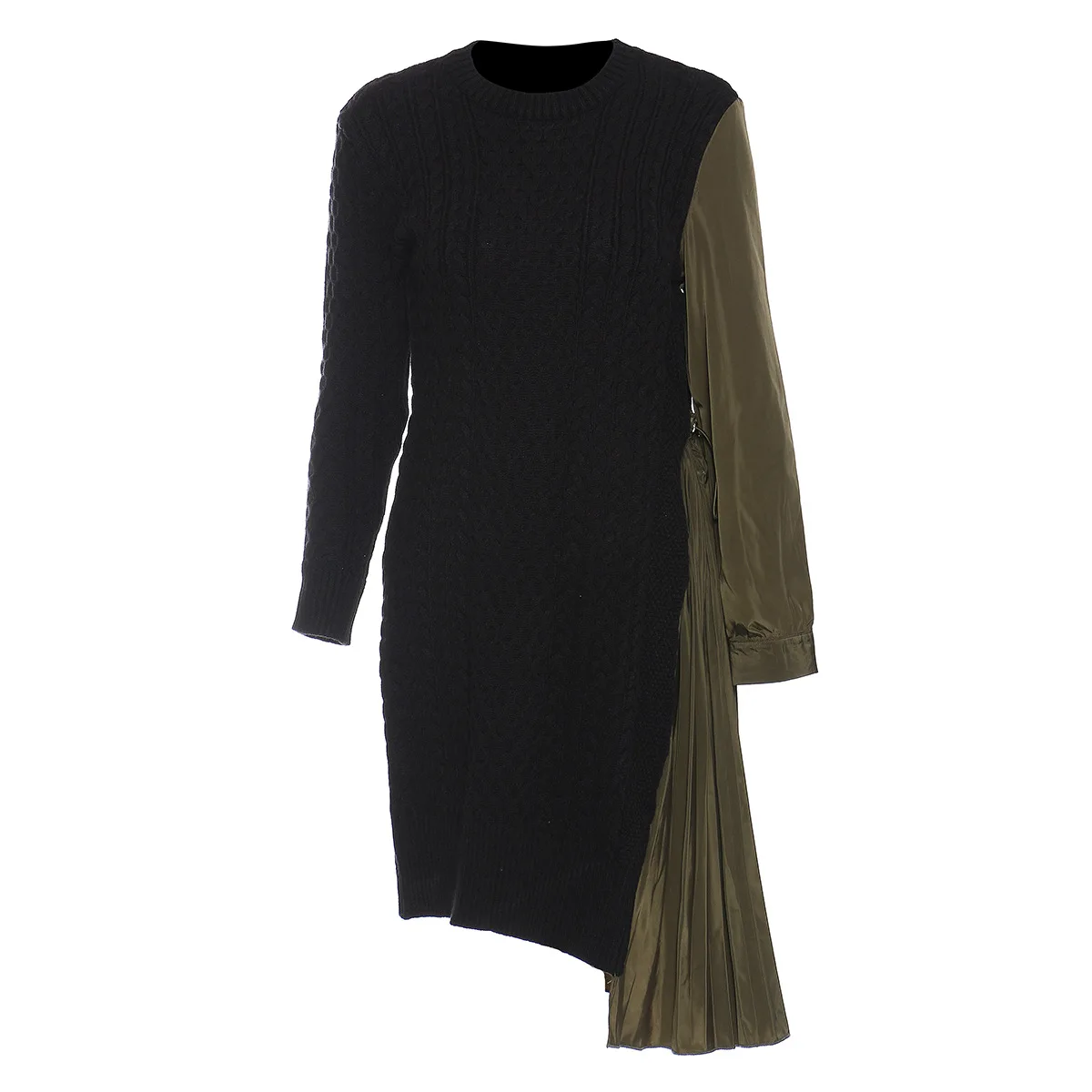 

TVVOVVIN New Autumn 2020 Color Patchwor Fold Pleat Panel Round Neck Knitted Mini Irregular Dress For Women 3TLQ